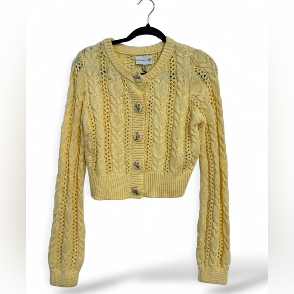 Freshman 1996 Sweaters - Freshman 1996 Soft Yellow Cable Knit Cropped Cardigan with Floral Buttons